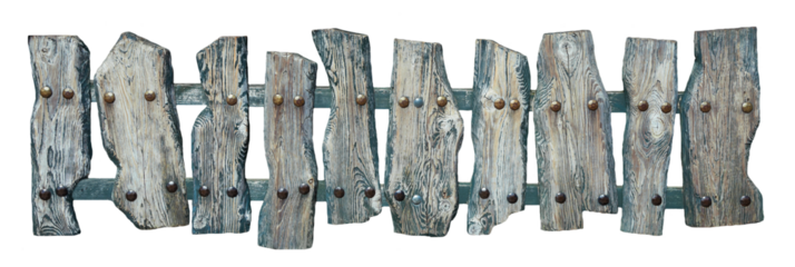 Long old funny fairytale grey wooden fence with transparent and white background. Panorama.