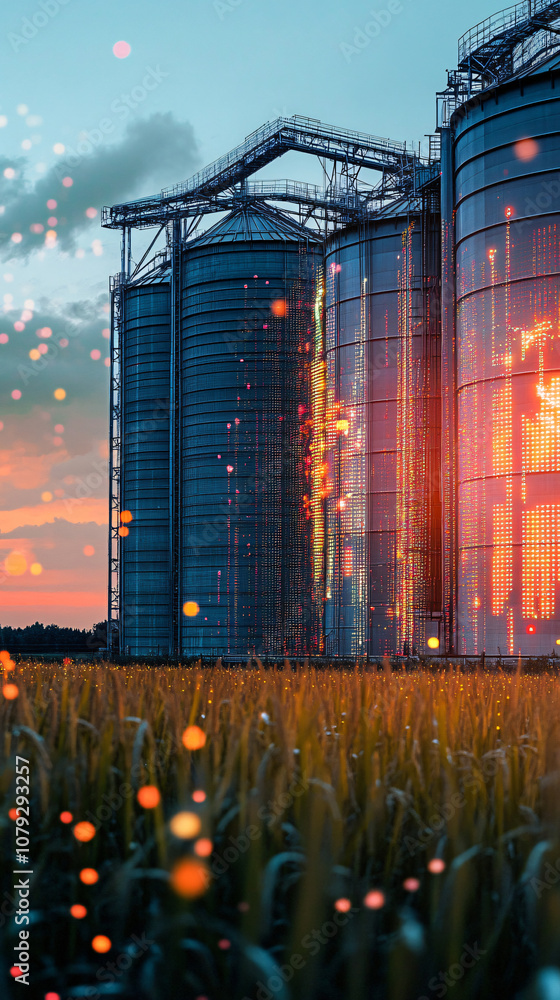 Poster grain silos displaying digital graphs, symbolizing data-driven agriculture and technological advance