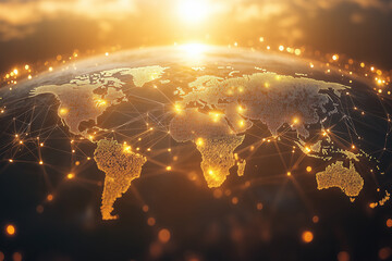 A global perspective on interconnected networks highlighted by a geometric grid design during sunset