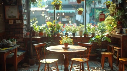 Fototapeta premium A small, cozy cafe with a round wooden table and chairs near a window with greenery.