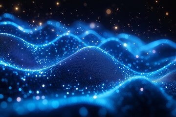 Dynamic digital blockchain network with flowing data waves illuminated by bright particles at night