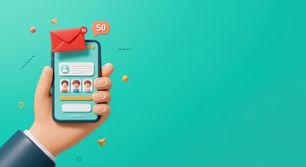 Hand holding smartphone showing email app with notifications on teal background