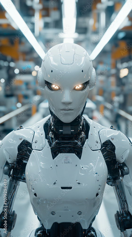 Poster futuristic humanoid robot with illuminated eyes standing in a cutting-edge factory setting, demonstr