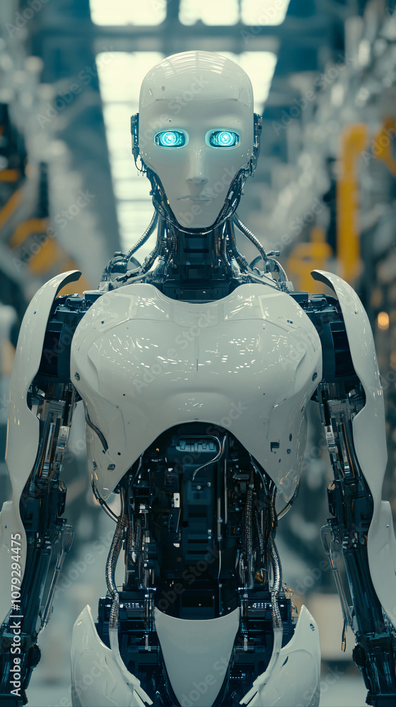 Aufkleber futuristic humanoid robot with illuminated blue eyes standing in a contemporary industrial setting, 