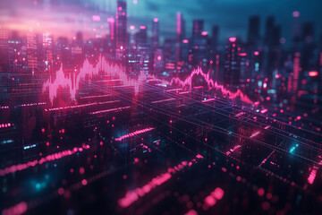 A digital representation of stock market trading with a rising graph overlaid on an urban skyline at dusk