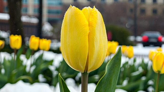 A single yellow tulip stands out against the snowy background in a city park