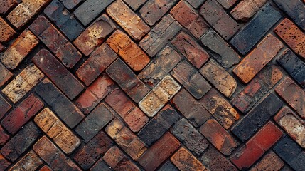 Multicolor herringbone brick pattern, rustic vintage design, textured geometric wall, bold earthy tones, high-resolution artisan background, handcrafted decor

