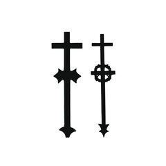 Four black Christian crosses of varying sizes and designs
