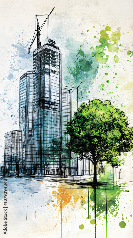 Poster architectural sketch depicting a skyscraper being built next to a vibrant tree with watercolor accen