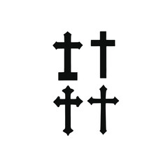 Four black Christian crosses of varying sizes and designs
