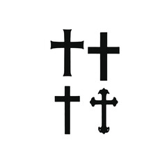 Four black Christian crosses of varying sizes and designs