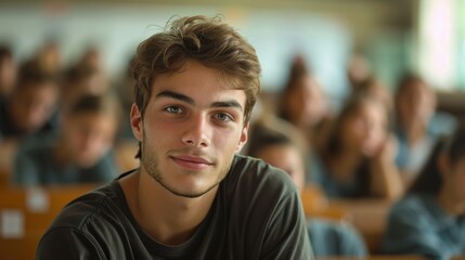 Bright and determined young man, showcasing intelligence and readiness, seated in a university classroom setting
