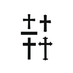 Four black Christian crosses of varying sizes and designs