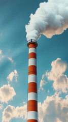 Industrial chimney emitting smoke into a blue sky with white clouds, representing air pollution