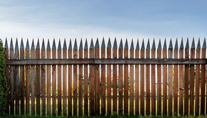a rustic wooden fence with pointed tops perfect for enhancing outdoor spaces and gardens
