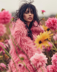 Slavic woman with long black hair in an oversized pink furry coat, standing amidst giant pink and yellow flowers in a high-fashion style. Perfect for editorial visuals or conceptual art