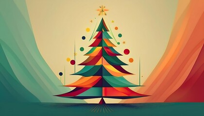 Vibrant minimalist Christmas tree illustration with geometric shapes and abstract background in seasonal colors. Generative AI