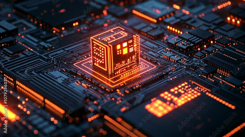 Poster a glowing orange cpu sits on a circuit board, highlighting the intricate pathways of data flow