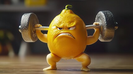 A goofy lemon character lifting heavy weights, with its peel bulging like muscles, making a strained face.
