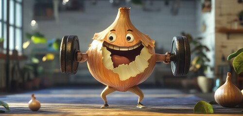A goofy onion character lifting dumbbells, its layers peeling off as it strains, with a silly grin on its face.