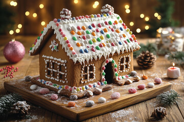 A beautifully decorated festive gingerbread house adorned with colorful candy and sprinkled with holiday charm on a cozy winter table