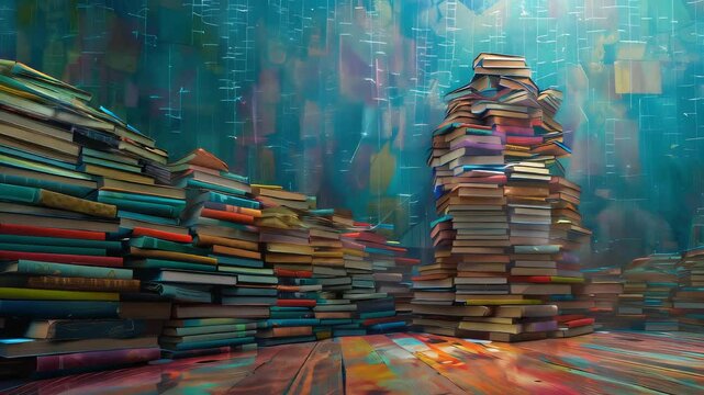 The Tower of Babel Revisited: A tower of stacked books on the floor, with market graph patterns in different languages 
