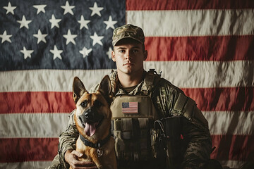 American military man with service dog in front of the US flag, veterans day moment
