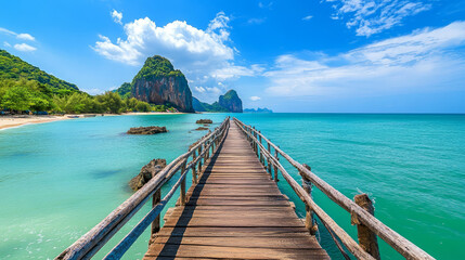 Fototapeta premium A wooden bridge stretches across the ocean at Thap Sakae Beach in Prachuap Khiri Khan Province, Thailand.