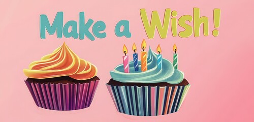 A whimsical birthday card for children featuring a colorful cupcake with candles, and a fun "Make a Wish!" message in bold, playful fonts.