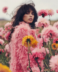 Slavic woman with long black hair in an oversized pink furry coat, standing amidst giant pink and yellow flowers in a high-fashion style. Perfect for editorial visuals or conceptual art