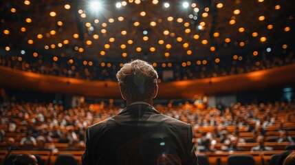 A speaker addresses a large audience at a conference or lecture.