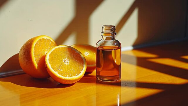 A bottle of orange oil sits next to halved oranges in the warm afternoon sunlight
