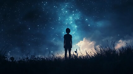 Enigmatic galaxy outline illuminating starry night sky in silhouette