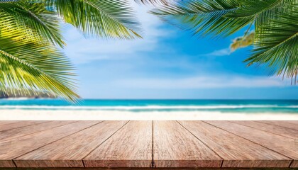 empty wide table top wooden bar with blurred beautiful beach scene background coconut leaf on frame for product display mockup outside summer day time resort clean wood desk board on nature view