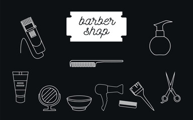 Set of black silhouettes of barber tools. Vector on a black background