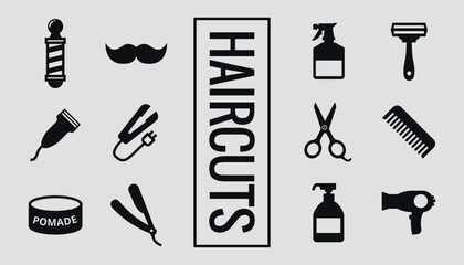 Set of black silhouettes of barber tools. Vector on a gray background