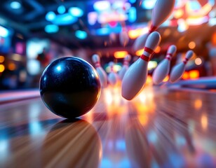 Dynamic Bowling Strike Action with Scattering Pins and Colorful Marble Ball &ndash; High Impact Motion Shot