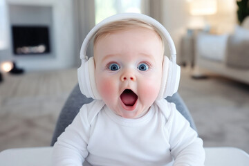 Excited baby listens to music with oversized headphones in a bright living room