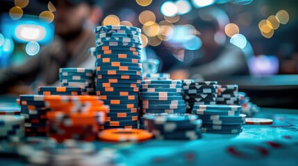 Obraz premium A stack of poker chips sits on a green felt table with blurred players in the background.