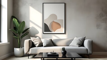 Minimalist Scandinavian Living Room Poster Mockup with Black Frame and Neutral Gray Sofa in Sunlit, Airy Space Featuring Light Wood Elements and Lush Greenery for a Calming Ambiance