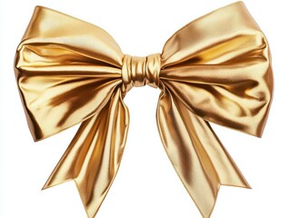 Bow made of gold satin ribbon on white background.