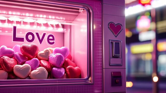 A claw machine with Love written on the front, featuring heart-shaped candies inside.