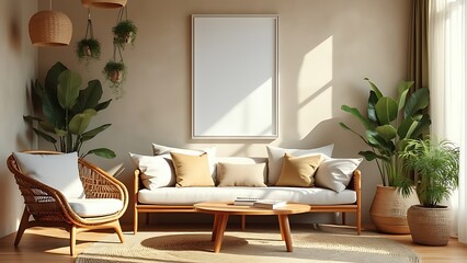 Monochromatic Scandinavian Living Room Mockup with Black-Framed A2 Poster Against a Subtle Gray Wall, Featuring Modern Black Sofa, Wooden Flooring, and Soft Natural Light for a Clean