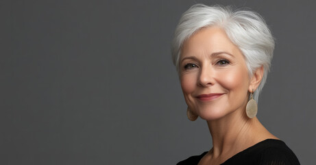 Elegant older woman with stylish short hair poses against a neutral background
