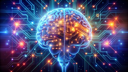 Obraz premium High-tech abstract illustration of an AI brain with glowing neon circuits and data pathways