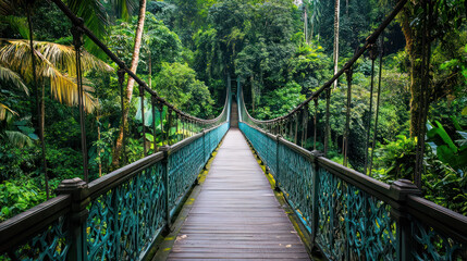 Iconic suspension bridge amidst the lush Monkey Forest Sanctuary in the heart of Ubud, Bali.