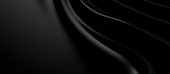 3d soft black waves background. Dark silk crumples. Elegant minimalistic satin ripples backdrop. 3d render illustration