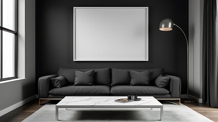 Warm Earth-Toned Scandinavian Living Room Poster Mockup with Oak-Framed A1 Poster, Beige Sofa, Woven Jute Rug, and Soft Greenery Accents Creating an Inviting, Naturally Lit Space