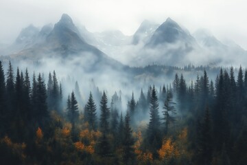 Fog rolling over majestic mountain peaks and lush pine forest