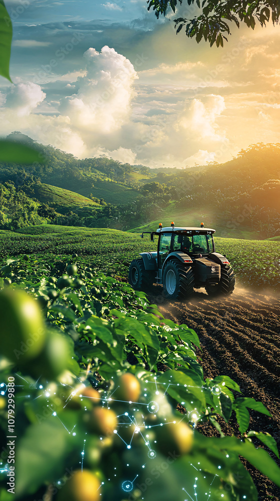 Poster modern tractor plowing a field with network graphic showing the benefits of smart farming and techno